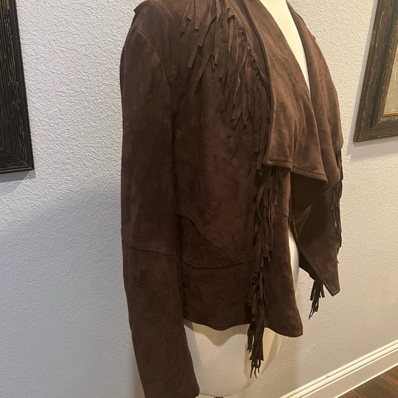 #1905. Orange Fashion Village Brown Faux Suede Fringed Jacket. Size L - Picture 7 of 11
